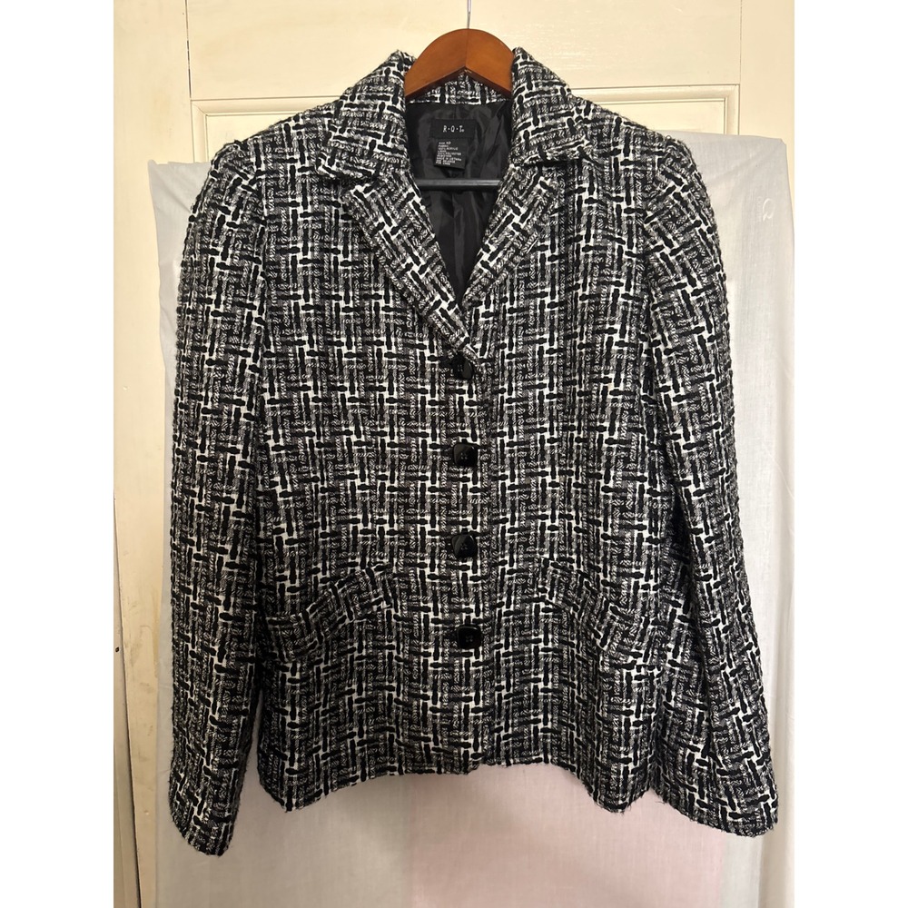 RQT Womens Black White Textured Tweed Blazer Size 10 4-Button Professional